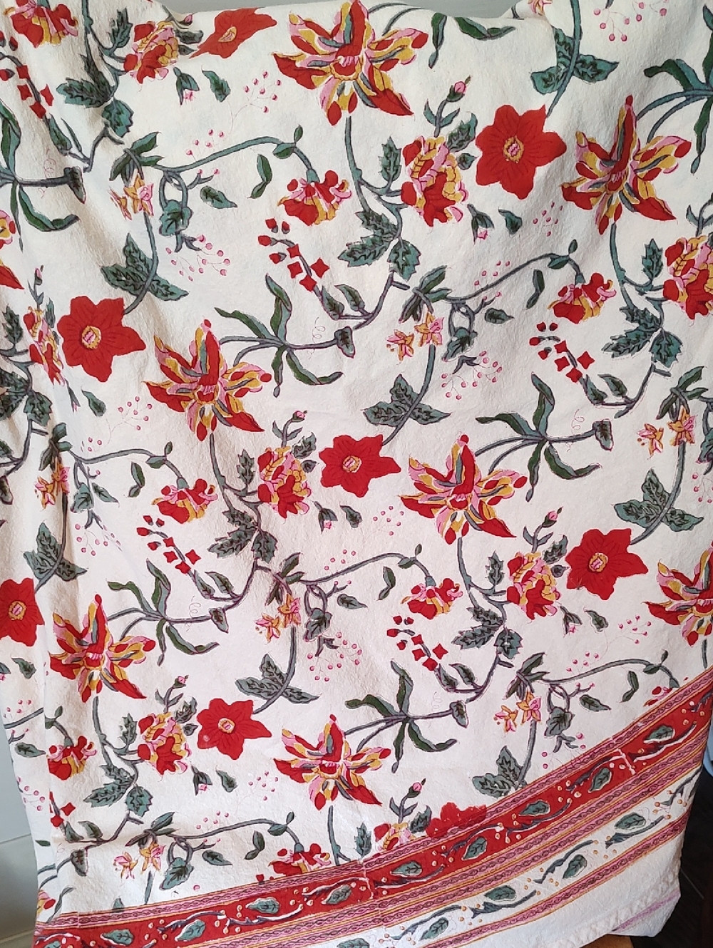 Saffron Marigold 90" Hand Block Printed Round Tablecloth. EUC